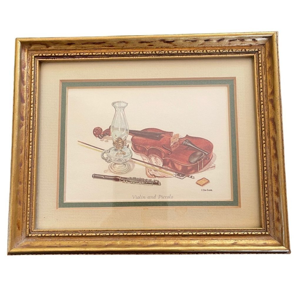 Vintage C. Don Ensor Violin Piccolo Note Card Art Print Framed Double Matt Gold